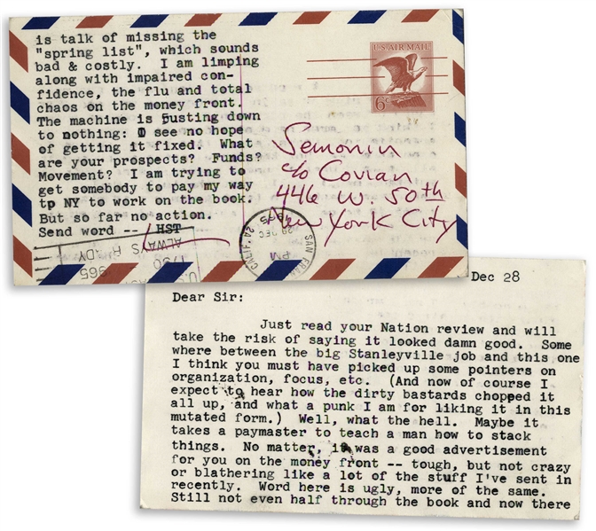 Hunter S. Thompson Letter From 1965 Regarding His ''Hell's Angels'' Book -- ''...Still not even half through he book and now there is talk of missing the 'sprint list', which sounds bad & costly...''